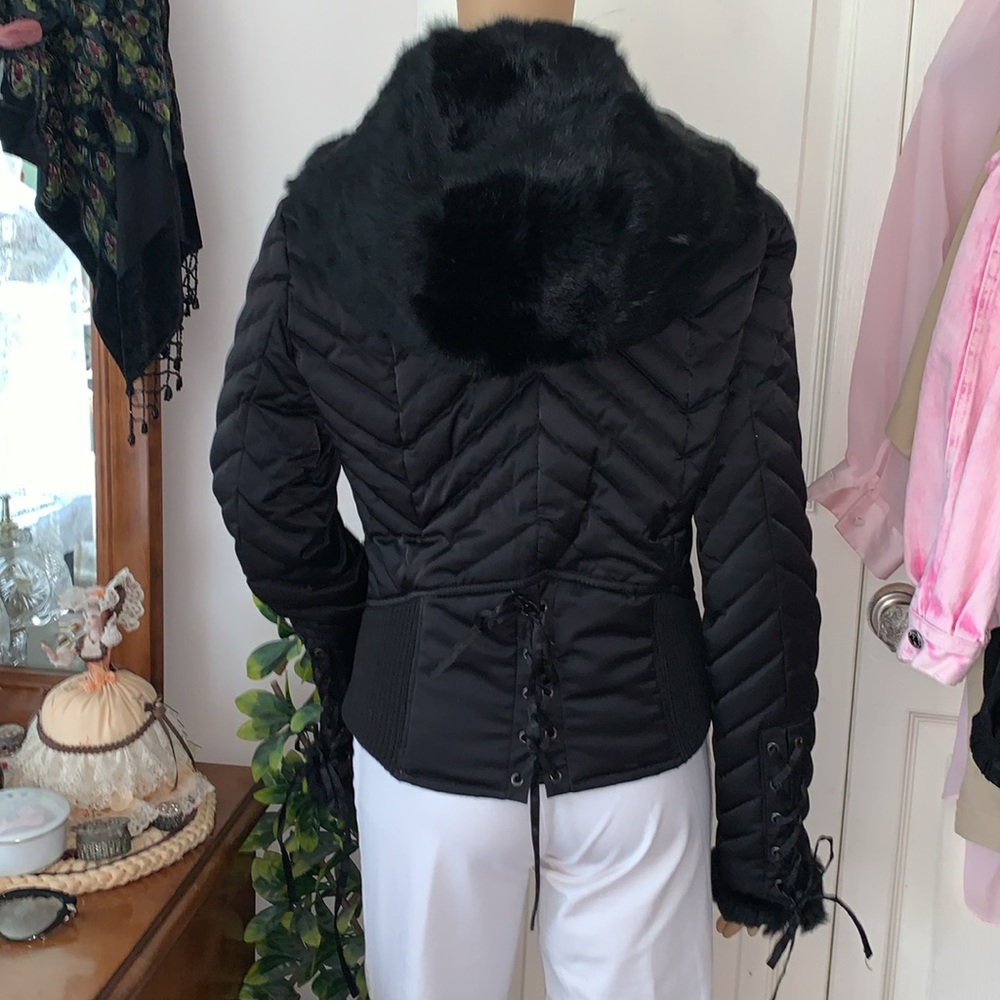 Bebe RARE Y2K Lace Up corset HOODED DOWN Fill Genuine Rabbit FUR jacket M🇨🇦 - Picture 5 of 15